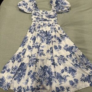 Abercrombie & Fitch Blue and White Tiered Puff Sleeve Maxi Dress